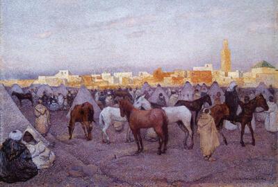 Théo Van Rysselberghe, Kamp voor Marrakech of Paardenmarkt in Marrakech, 1888, Doek,