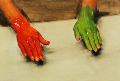 Michaël Borremans, Red Hand, Green Hand, 2010, olieverf op doek, 