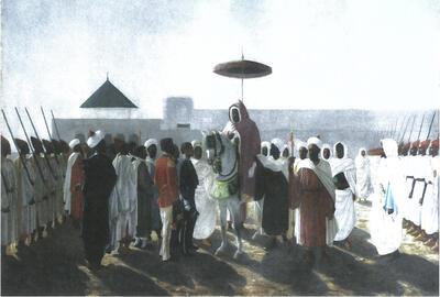 Ambassade, Félix Augustin Milius, Réception solenelle du Consul Général de Belgique Mr. Daluin, par l'Empereur du Maroc à Rabat, Ie 2 décembre 1865, 1865, H 110 x B 140cm (zl),  H 140 x B I 70 cm (ml), olie op doek. RABAT RESIDENTIE 