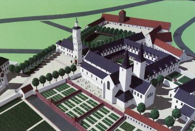 Simulatie van de abdij in de Middeleeuwen. Foto Museum 't Ename