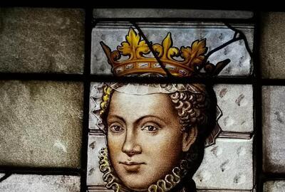 Wouter Crabeth, Het Hertoginnenglas (detail schenkersportret Margaretha van Parma), 1562, glas-in-loodraam