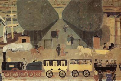 Gust de Smet (Gent 1877-Deurle 1943). Eerste trein in de Groendreef te Brussel. 1934/35. De wererld van trein en station.