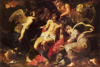 Abraham Janssens, De Mens bezwijkend  onder de Lasten van de Tijd wordt bijgestaan door Hoop en Geduld, 1609