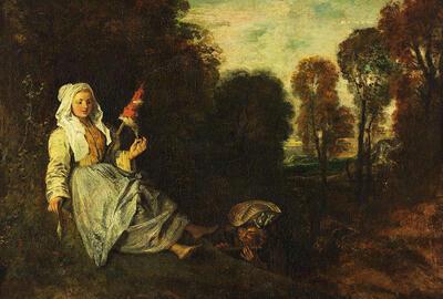 Jean Antoine Watteau (1684-1721), Avondlandschap met spinster. 