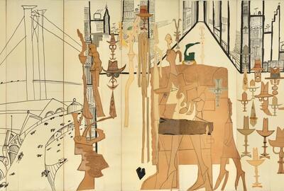 Downtown big city, 1 van de panelen van The Americans van Saul Steinberg © Foto The Saul Steinberg Foundation/Sabam/ KMSKB/Jelle Van Seghbroeck