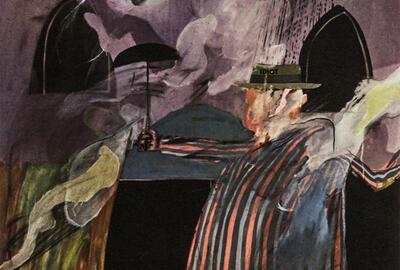 David Hockney, De idioot, Man stood in front of his house with rain descending 