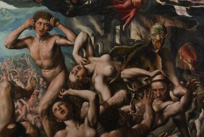 Jan Sanders van Hemessen en de Meester van Paulus en Barnabas, Laatste oordeel met donorportretten van Adriaen Rockox en Catharina van Overhoff (detail), ca. 1535-1540. Olie op paneel [Sint-Jacobskerk]