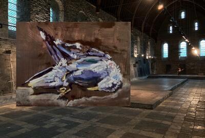 Koen Broucke, Stranded seagull (oil on canvas, 2022) mounted in the Refter of St. Bavo's Abbey, Gent, 2025