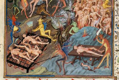 Miniatuur met voorstelling der hel, ont­leend aan Dionysius de Karthuizer, trac­taat over de vier uitersten, omstreeks 1460.