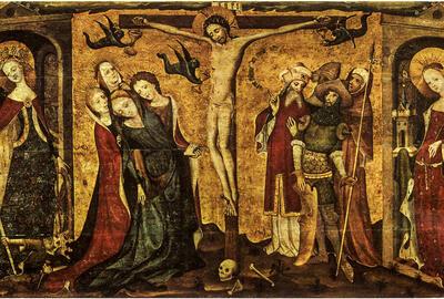 Brugs Meester,  Calvarie met de HH. Catharina en Barbara 