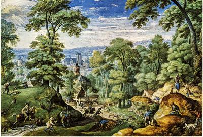 Hans Bol, Landschap met jachttaferelen, 1585