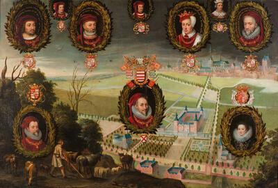 Anoniem, Ideaalbeeld van het kasteel van Heverlee met portret van Karel III van Croÿ, na 1627